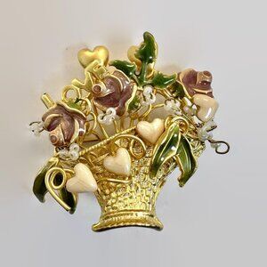 Love Brooch, Flowers, Enamel, Hearts, Roses, Flower Basket, Brushed Gold Tone